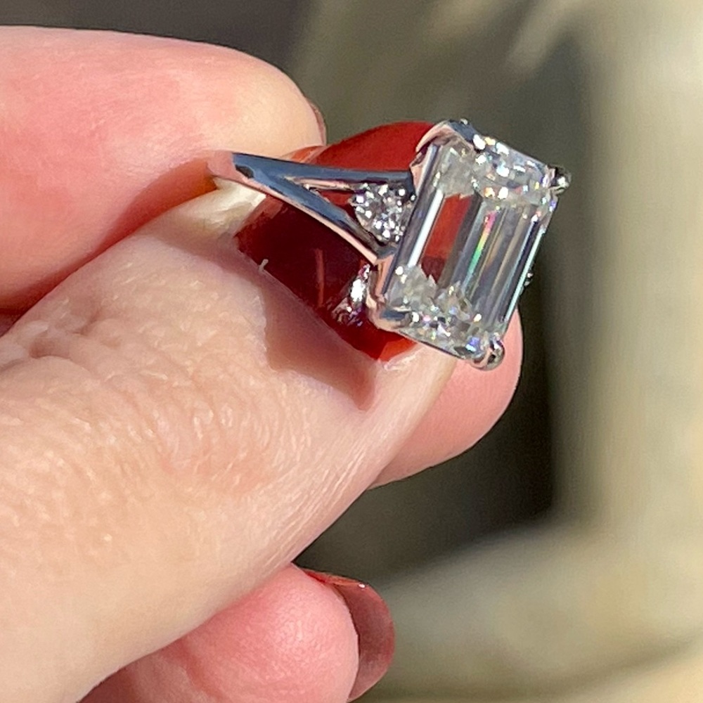 5ct D VVS1 Platinum Emerald cut Moissanite Ring - Picture 6 of 10